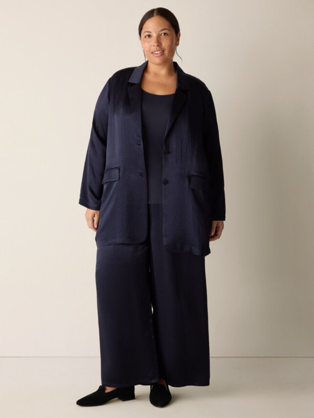Eileen Fisher Navy Satin-Look Relaxed Blazer - Picture 6 of 6